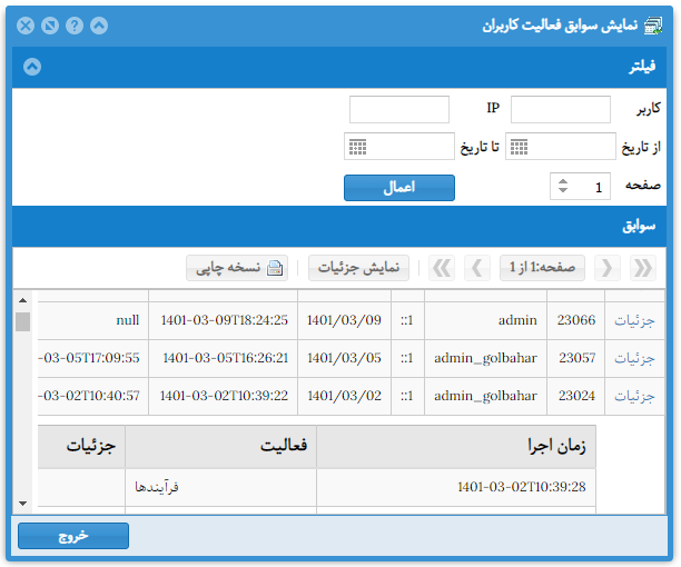 نمایش سوابق فعالیت کاربران