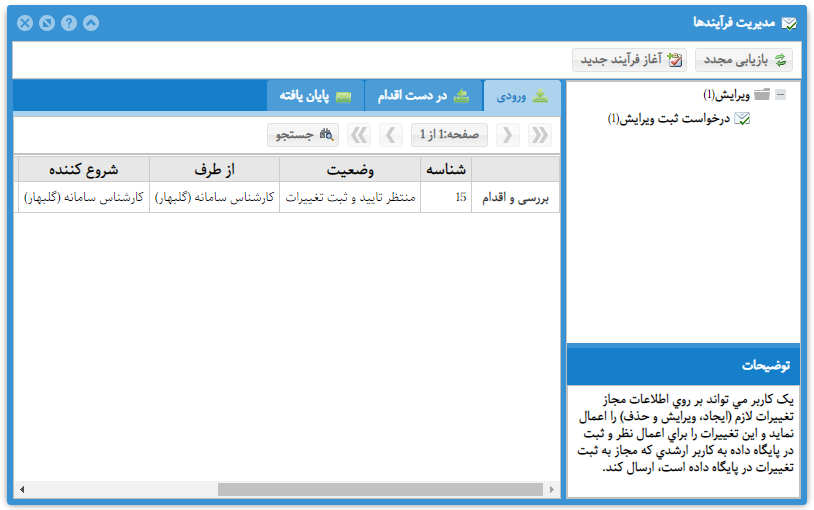 فرآیند درخواست ثبت تغییرات (فهرست فرآیندهای ورودی)